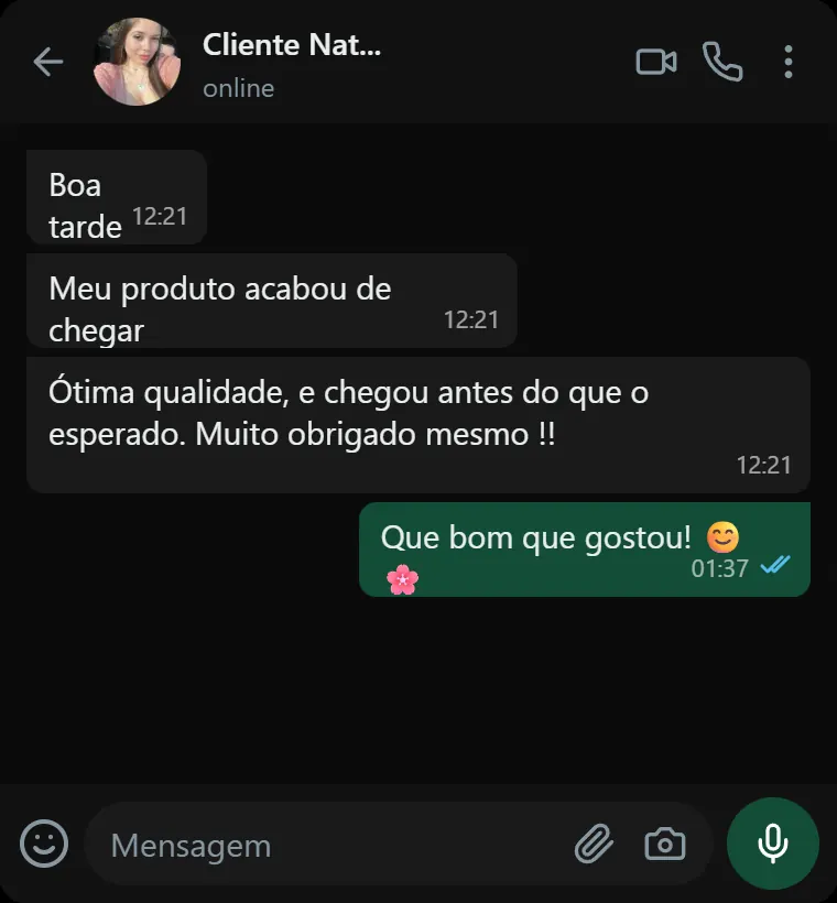 Cliente Natália elogiando a entrega