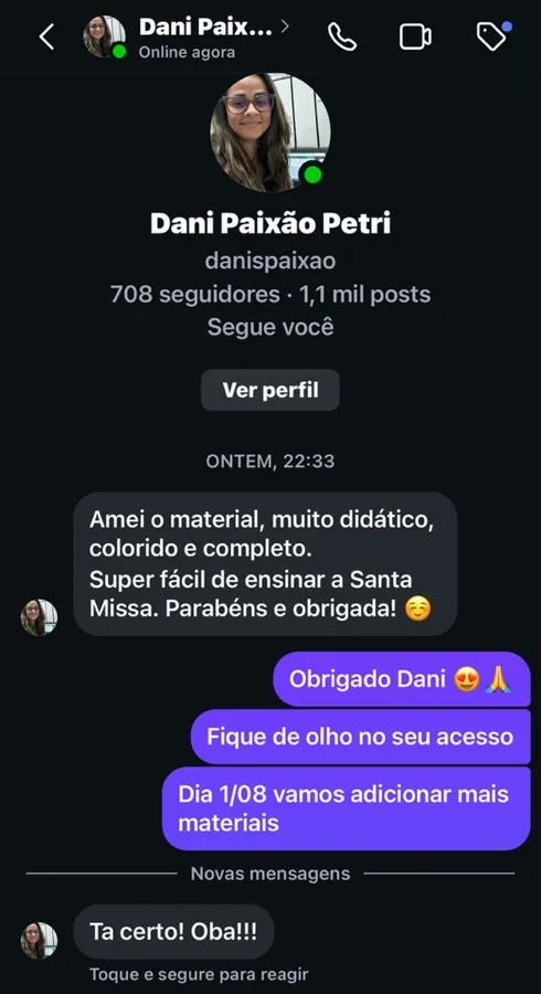 Dani Paixão elogiando o material no Instagram