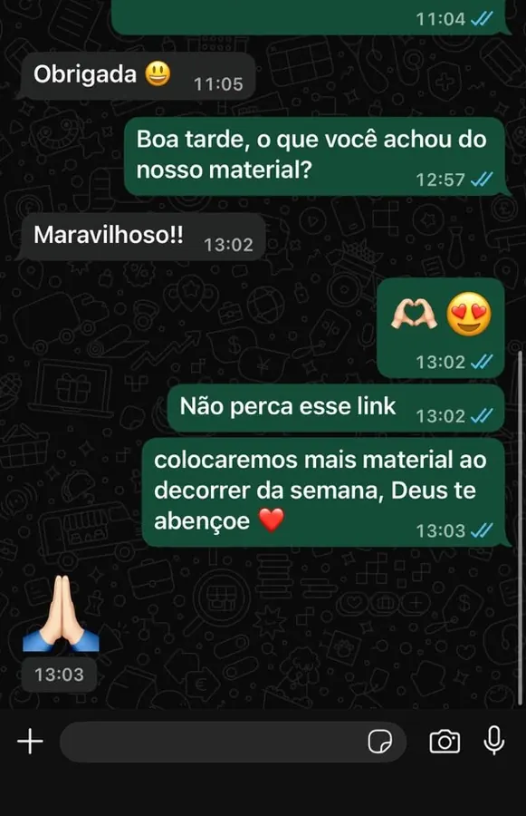 Cliente dizendo que o material é maravilhoso